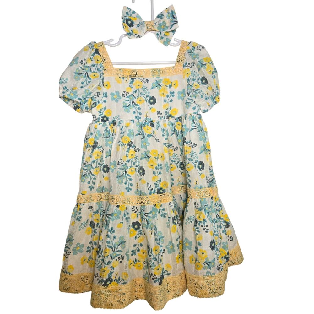 Joi Yellow And Blue Floral Sundress With Tiered Ruffle And Puff Sleeves. Size 4t